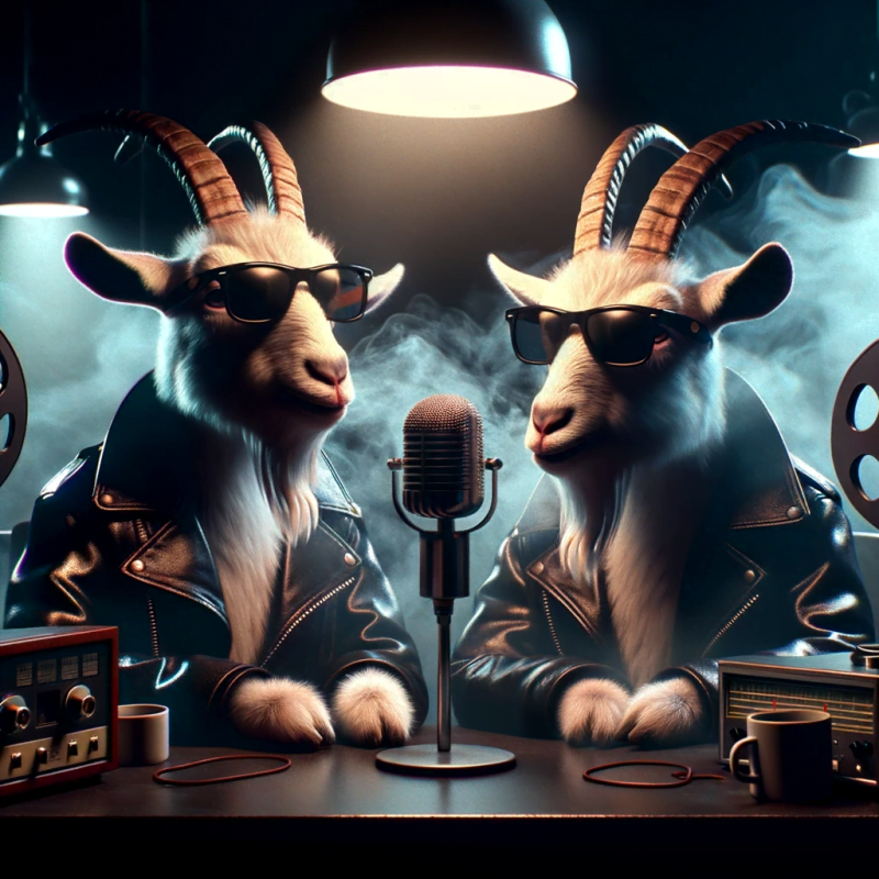 DALL·E 2023-10-20 12.49.19 - 3D animation of two goats with sunglasses and leather jackets, podcasting in a studio. The scene takes heavy inspiration from film noir and eighties g
